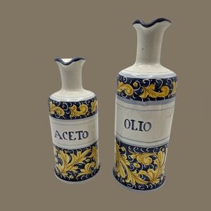 MCM Vintage Rampini Italy Ceramic Oil and Vinegar Dispenser Set - Blue & Yellow